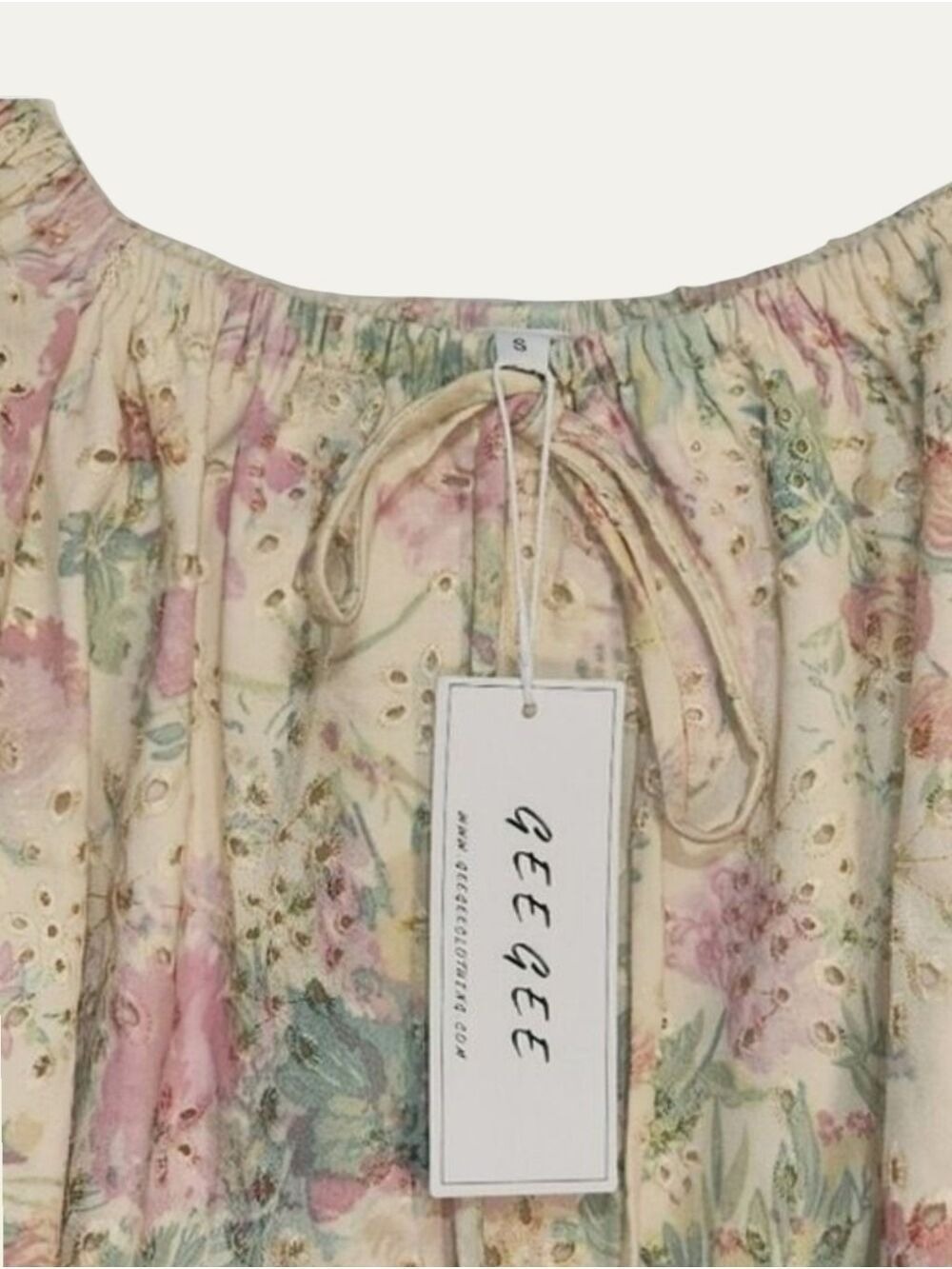 GeeGee Floral Eyelet Puff Sleeve Babydoll Dress Pockets Coquette NWT Small - Picture 12 of 14